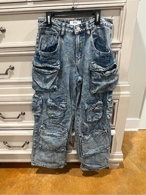Women's Acid Wash Blue Cargo Jeans with Utility Pockets